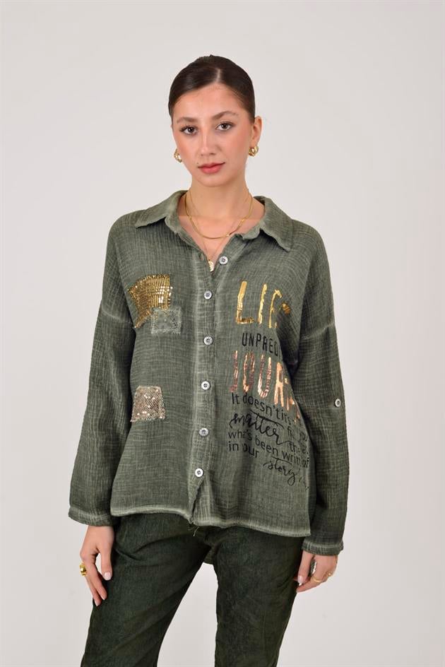 55791 YALDIZLI YAZI DESENLİ PAYETLİ MUSLİN GÖMLEK