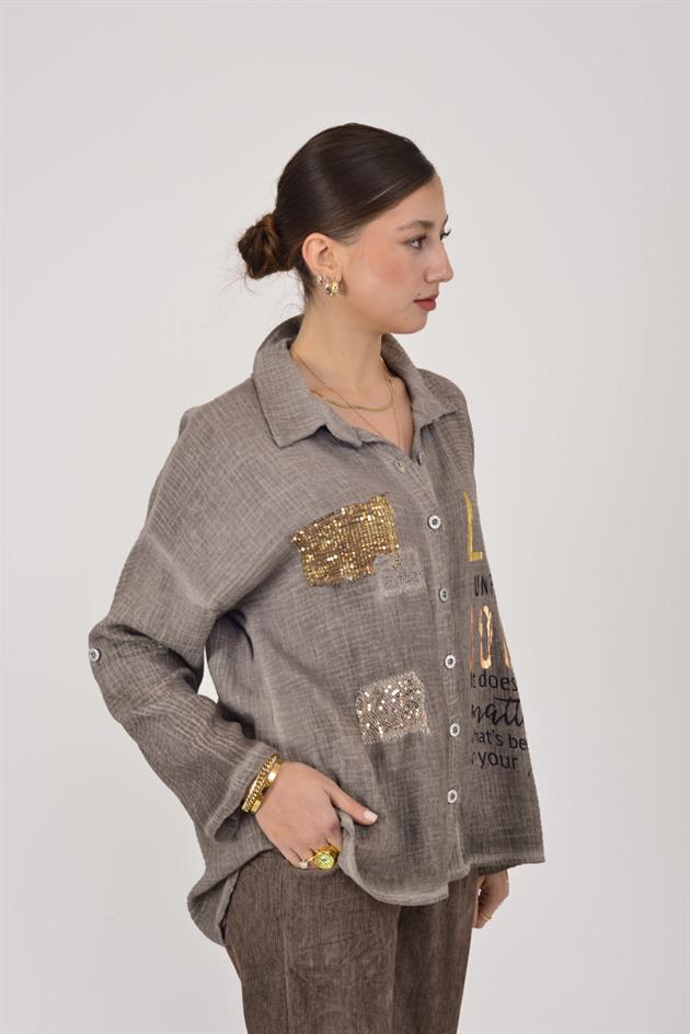 55791 YALDIZLI YAZI DESENLİ PAYETLİ MUSLİN GÖMLEK