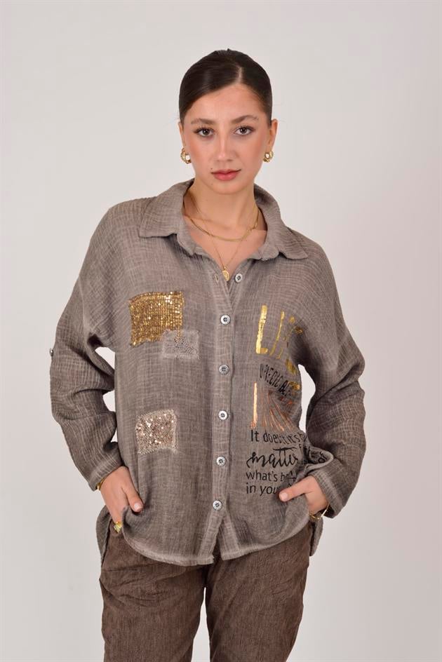 55791 YALDIZLI YAZI DESENLİ PAYETLİ MUSLİN GÖMLEK