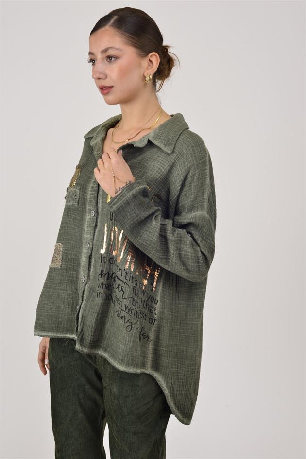 55791 YALDIZLI YAZI DESENLİ PAYETLİ MUSLİN GÖMLEK
