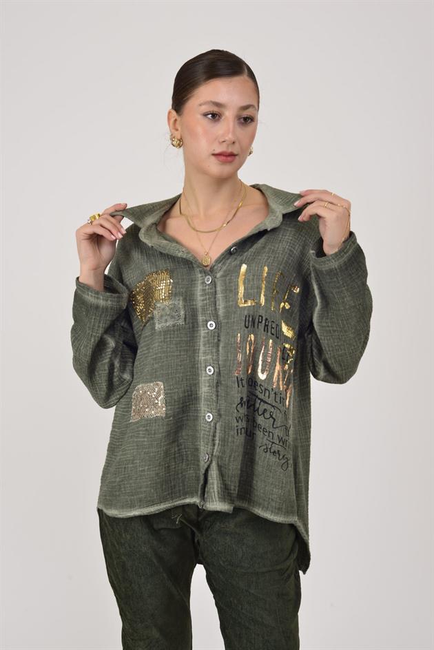 55791 YALDIZLI YAZI DESENLİ PAYETLİ MUSLİN GÖMLEK