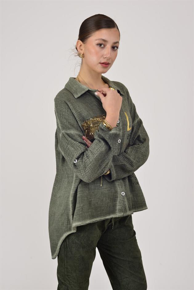 55791 YALDIZLI YAZI DESENLİ PAYETLİ MUSLİN GÖMLEK