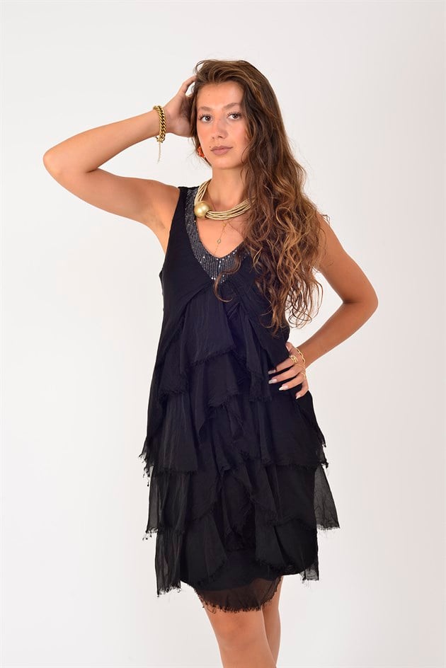 60461 PAYET DETAYLI V YAKA KISA İPEK ELBİSE
