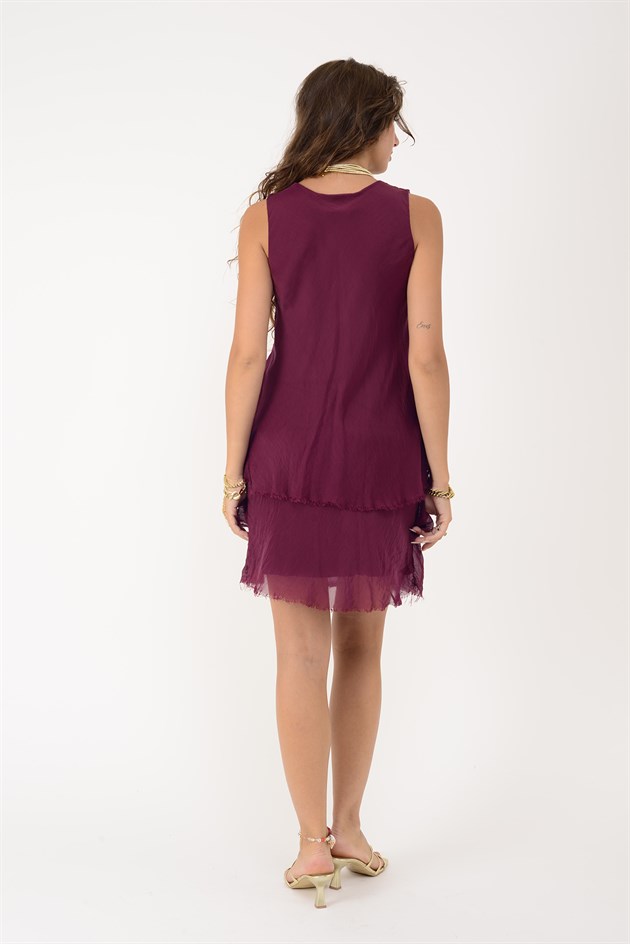 60461 PAYET DETAYLI V YAKA KISA İPEK ELBİSE