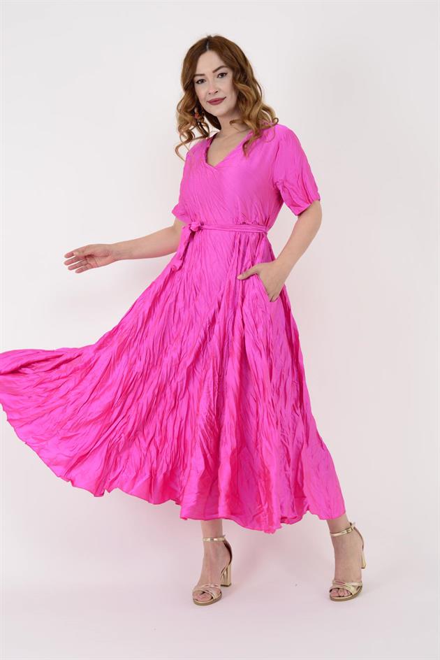 607371 BELDEN BAĞLAMALI SATEN ELBİSE