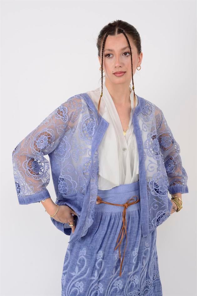 60911 TRANSPARAN GÜPÜR DETAYLI KETEN CEKET