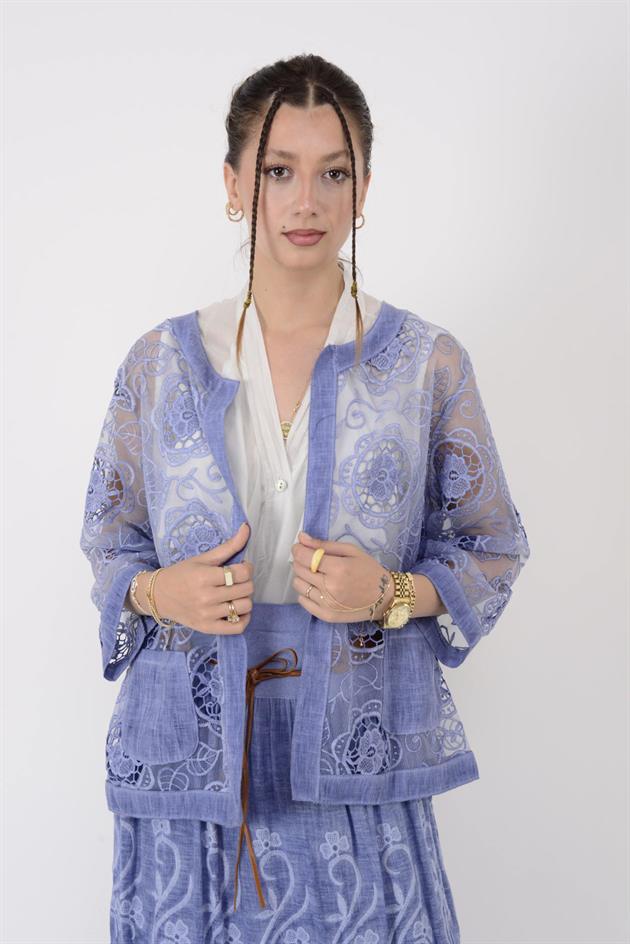 60911 TRANSPARAN GÜPÜR DETAYLI KETEN CEKET