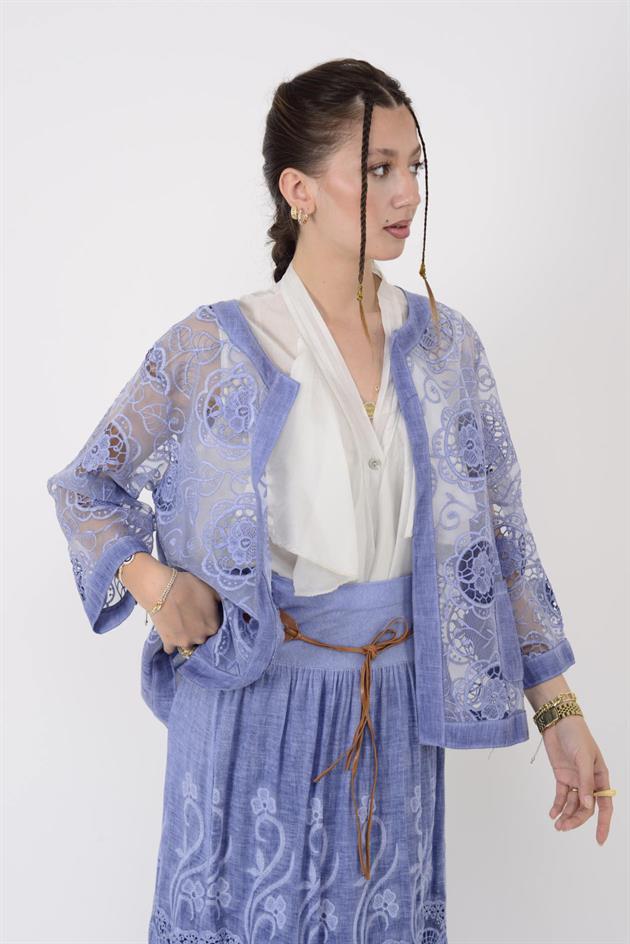 60911 TRANSPARAN GÜPÜR DETAYLI KETEN CEKET