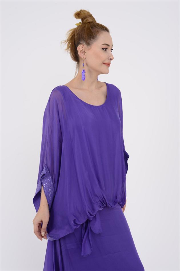 6098 YARASA KOL PAYET DETAYLI İPEK BLUZ