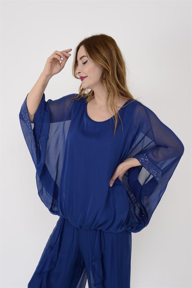 6098 YARASA KOL PAYET DETAYLI İPEK BLUZ