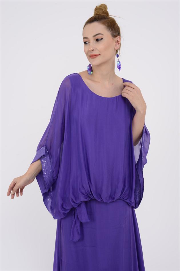 6098 YARASA KOL PAYET DETAYLI İPEK BLUZ