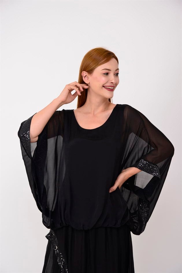 6098 YARASA KOL PAYET DETAYLI İPEK BLUZ