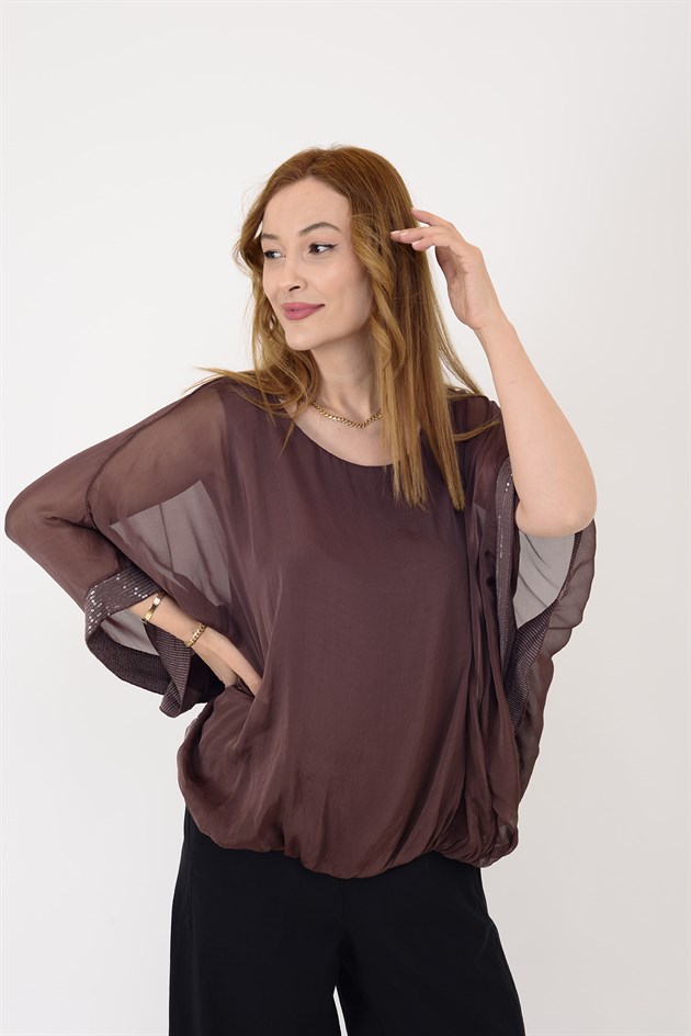 6098 YARASA KOL PAYET DETAYLI İPEK BLUZ