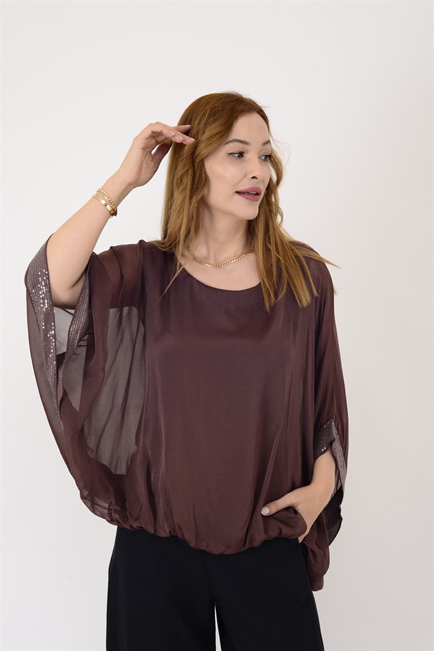 6098 YARASA KOL PAYET DETAYLI İPEK BLUZ