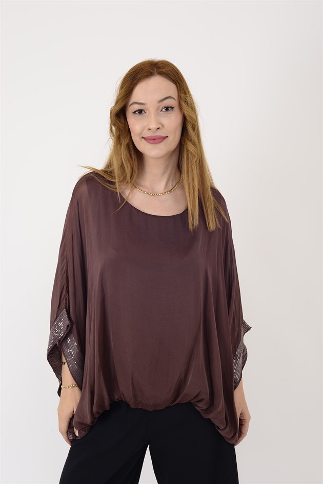 6098 YARASA KOL PAYET DETAYLI İPEK BLUZ