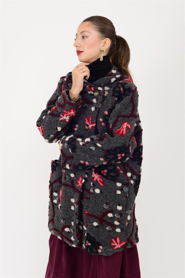 60986 ÇİÇEK KABARTMALI ŞAL YAKA KEÇE KABAN
