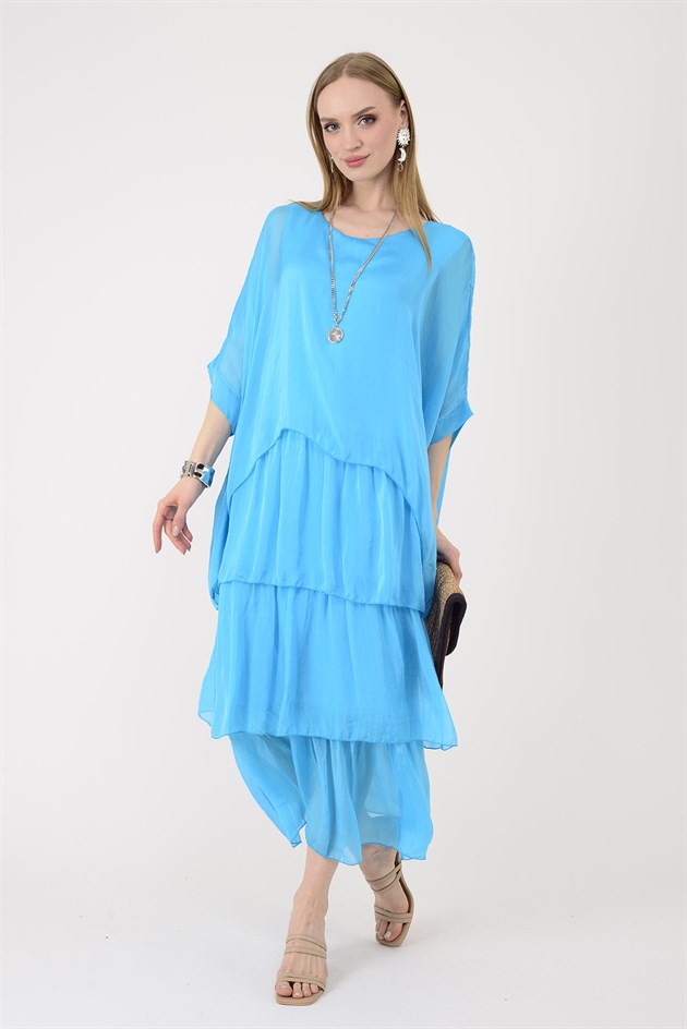 6105 PRATO YARASA KOL KAT KAT İPEK ELBİSE