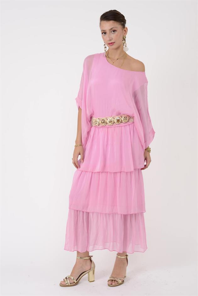 6105 PRATO YARASA KOL KAT KAT İPEK ELBİSE