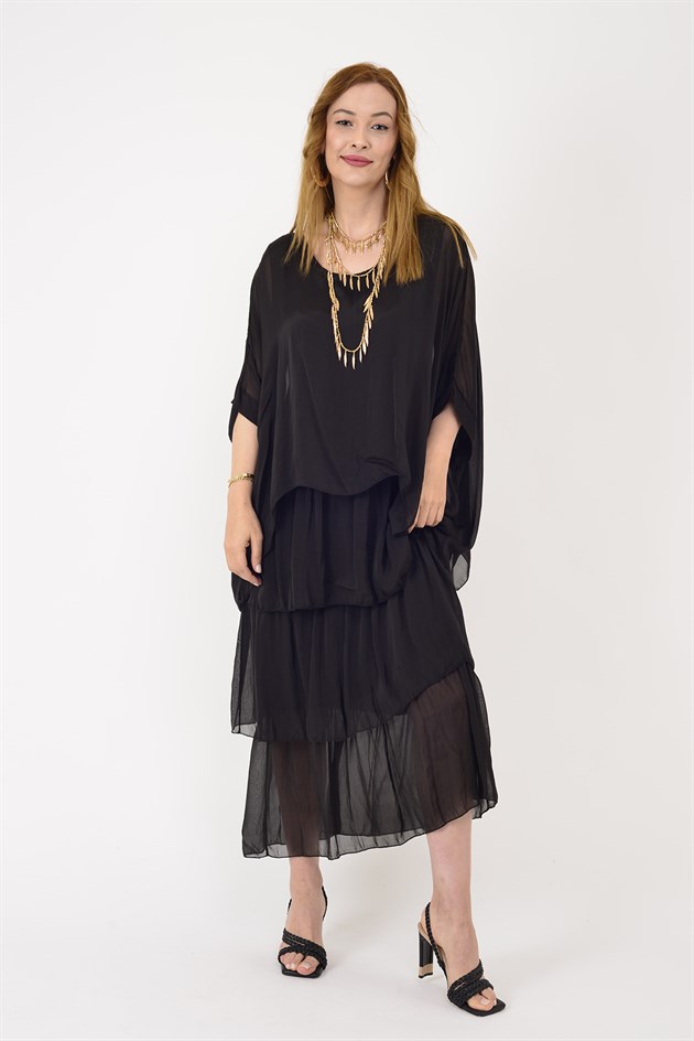 6105 PRATO YARASA KOL KAT KAT İPEK ELBİSE