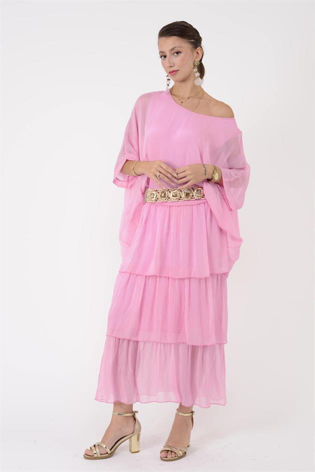 6105 PRATO YARASA KOL KAT KAT İPEK ELBİSE