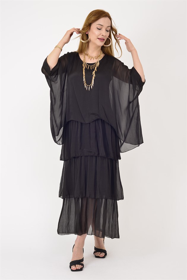 6105 PRATO YARASA KOL KAT KAT İPEK ELBİSE