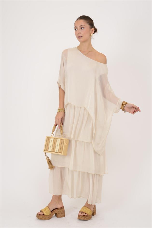 6105 PRATO YARASA KOL KAT KAT İPEK ELBİSE