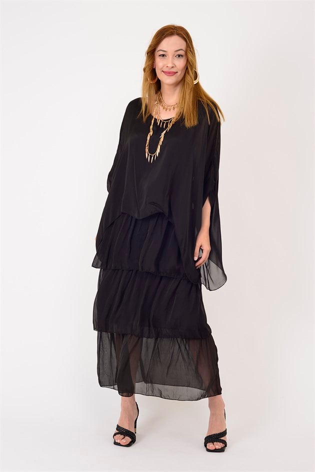 6105 PRATO YARASA KOL KAT KAT İPEK ELBİSE