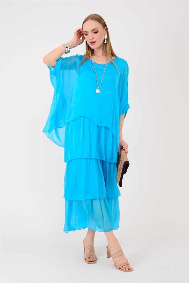 6105 PRATO YARASA KOL KAT KAT İPEK ELBİSE