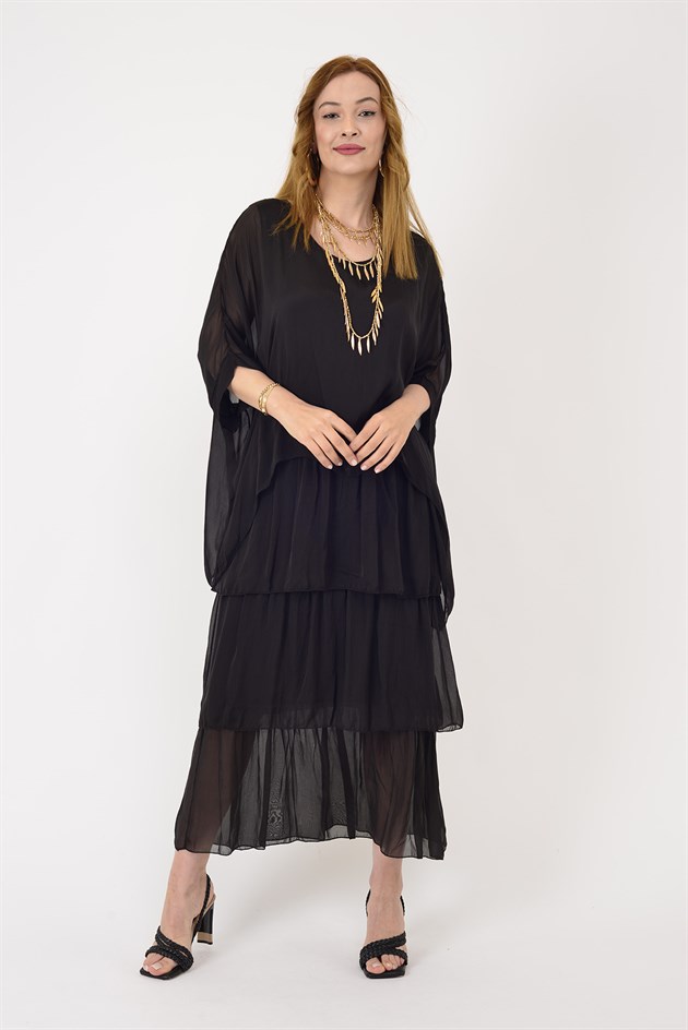 6105 PRATO YARASA KOL KAT KAT İPEK ELBİSE