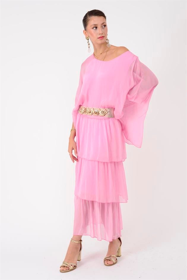 6105 PRATO YARASA KOL KAT KAT İPEK ELBİSE