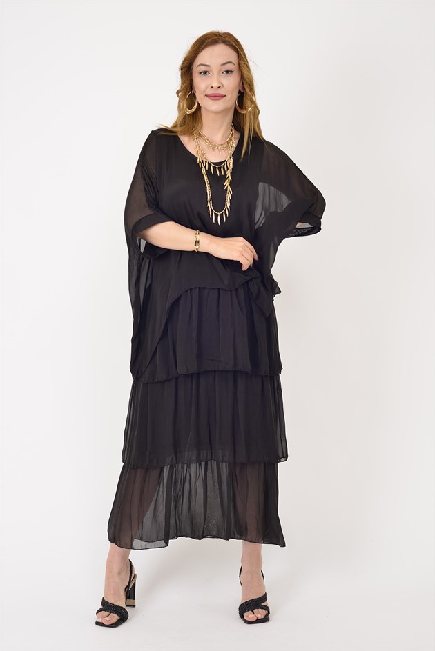 6105 PRATO YARASA KOL KAT KAT İPEK ELBİSE