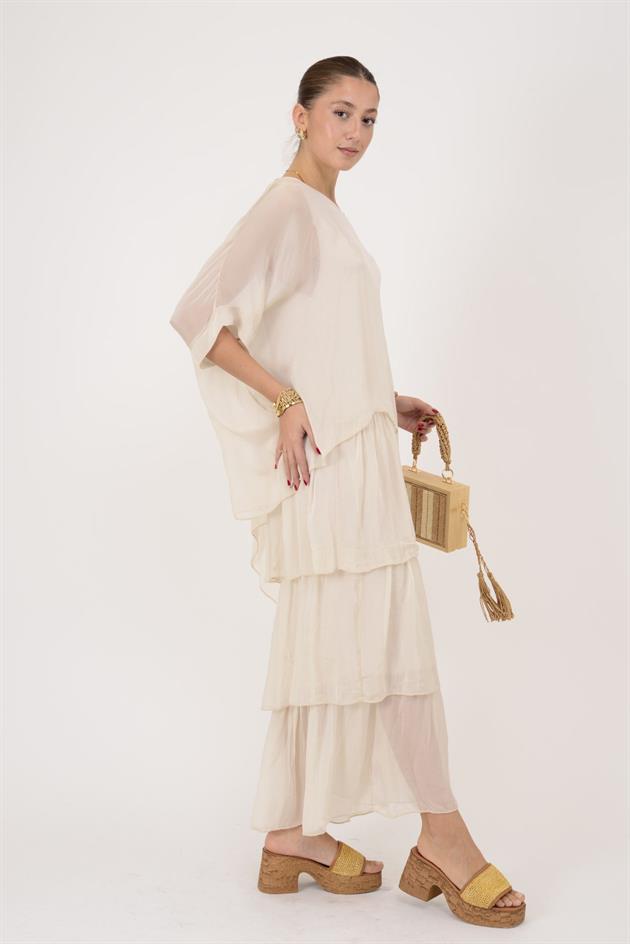 6105 PRATO YARASA KOL KAT KAT İPEK ELBİSE