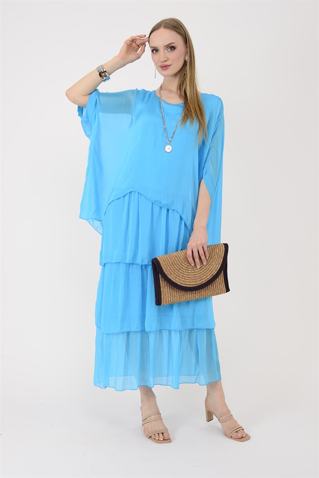 6105 PRATO YARASA KOL KAT KAT İPEK ELBİSE