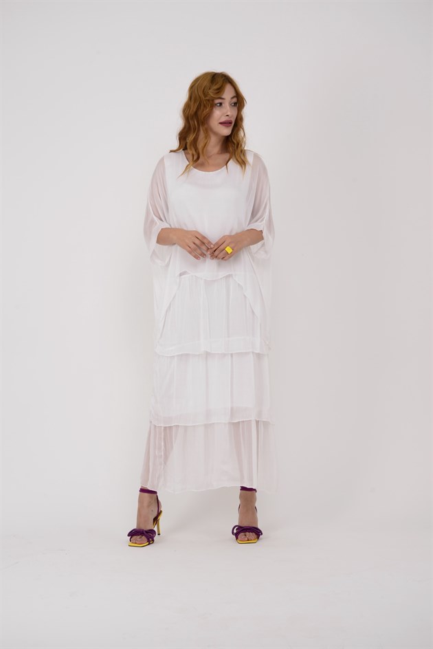 6105 PRATO YARASA KOL KAT KAT İPEK ELBİSE