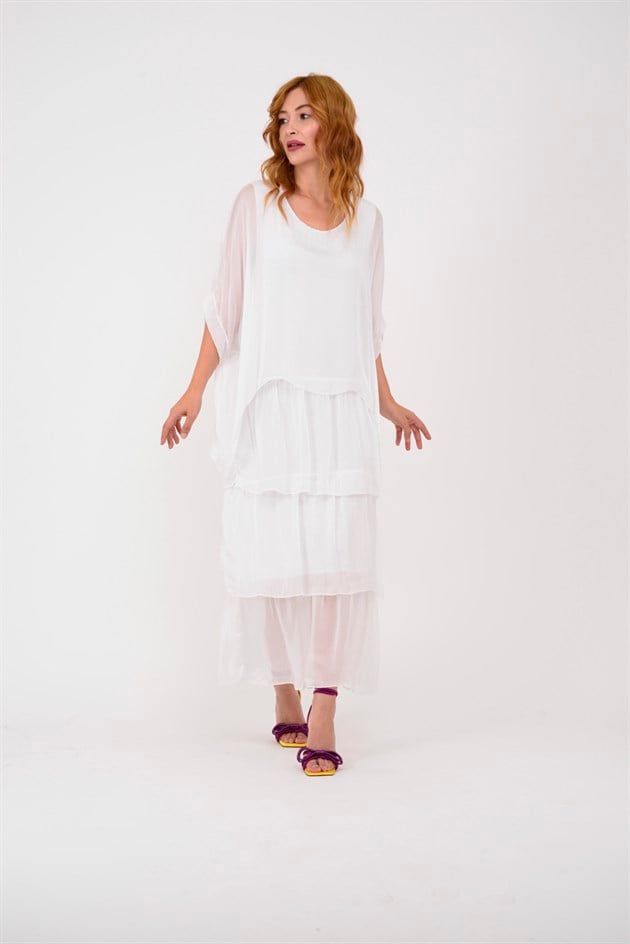 6105 PRATO YARASA KOL KAT KAT İPEK ELBİSE