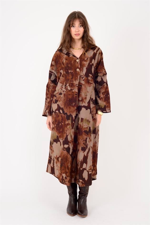 61051 LOVA BATİK ÇİÇEK DESENLİ FİTİLLİ KADİFE ELBİSE