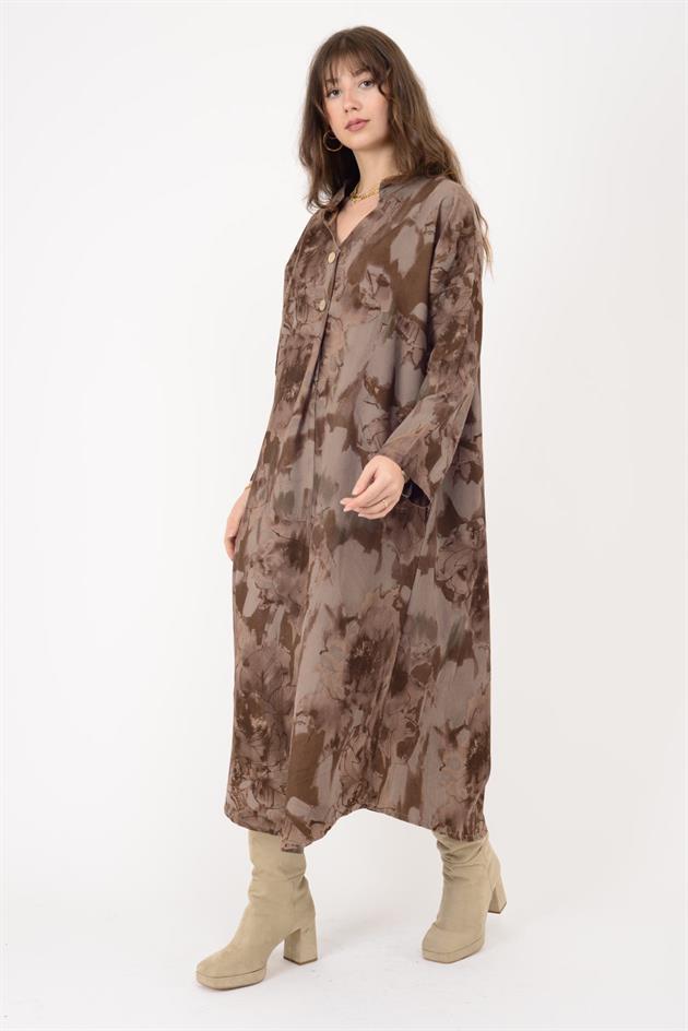 61051 LOVA BATİK ÇİÇEK DESENLİ FİTİLLİ KADİFE ELBİSE