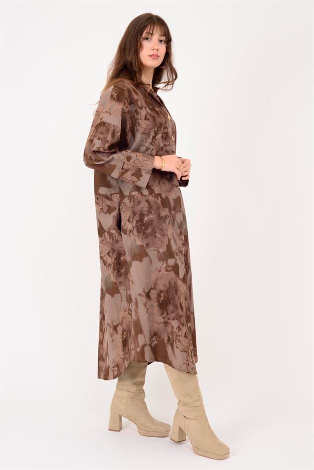 61051 LOVA BATİK ÇİÇEK DESENLİ FİTİLLİ KADİFE ELBİSE