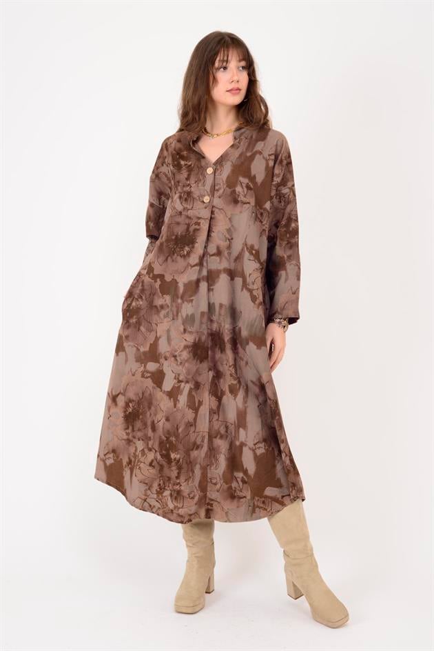 61051 LOVA BATİK ÇİÇEK DESENLİ FİTİLLİ KADİFE ELBİSE