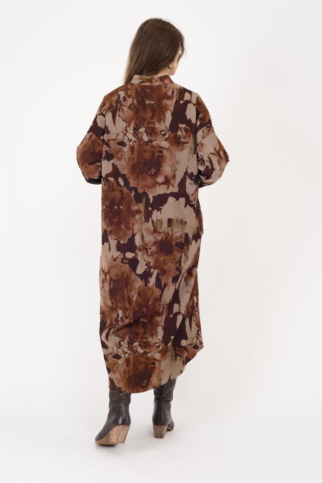 61051 LOVA BATİK ÇİÇEK DESENLİ FİTİLLİ KADİFE ELBİSE