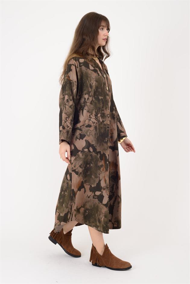 61051 LOVA BATİK ÇİÇEK DESENLİ FİTİLLİ KADİFE ELBİSE