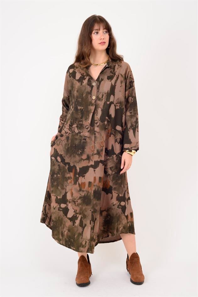 61051 LOVA BATİK ÇİÇEK DESENLİ FİTİLLİ KADİFE ELBİSE