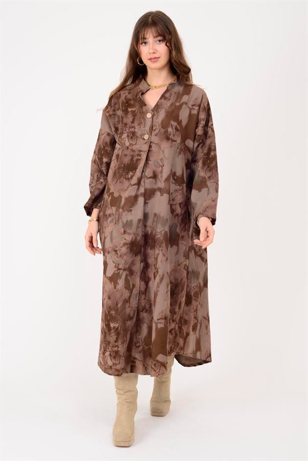 61051 LOVA BATİK ÇİÇEK DESENLİ FİTİLLİ KADİFE ELBİSE