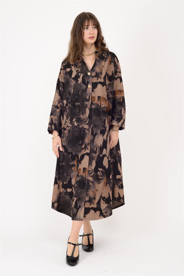 61051 LOVA BATİK ÇİÇEK DESENLİ FİTİLLİ KADİFE ELBİSE