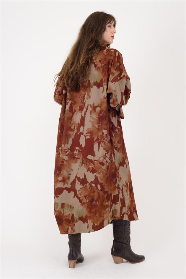 61051 LOVA BATİK ÇİÇEK DESENLİ FİTİLLİ KADİFE ELBİSE