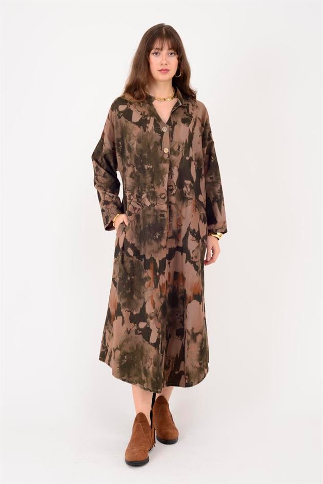 61051 LOVA BATİK ÇİÇEK DESENLİ FİTİLLİ KADİFE ELBİSE