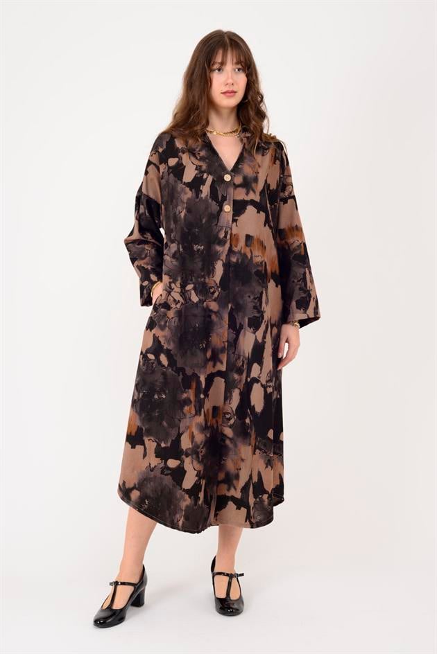 61051 LOVA BATİK ÇİÇEK DESENLİ FİTİLLİ KADİFE ELBİSE