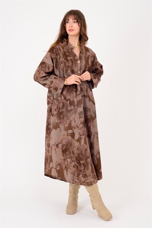 61051 LOVA BATİK ÇİÇEK DESENLİ FİTİLLİ KADİFE ELBİSE