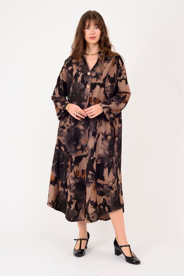 61051 LOVA BATİK ÇİÇEK DESENLİ FİTİLLİ KADİFE ELBİSE