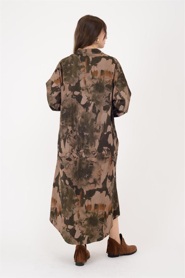 61051 LOVA BATİK ÇİÇEK DESENLİ FİTİLLİ KADİFE ELBİSE